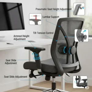Image showing the various adjustable features of a durable office chair, such as pneumatic seat height adjustment and tilt tension control.