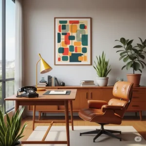 Illustration depicting a piece of abstract art or a vintage print on the wall of a mid-century modern office, enhancing the aesthetic.