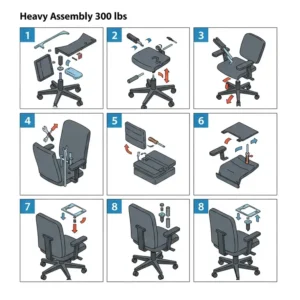 Step-by-step graphic showing the easy assembly process for a 300 lbs capacity desk chair.
