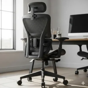A big and tall ergonomic office chair featuring an integrated headrest and neck support.