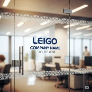 A custom office glass door with a company's logo applied as a vinyl decal.