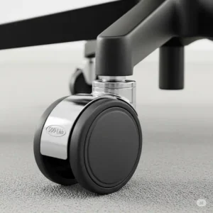 A close-up view of the smooth-rolling, heavy-duty caster wheels on a 500 pound office chair.