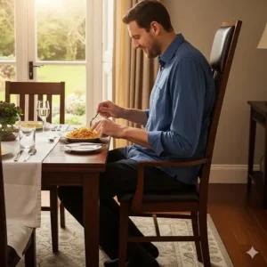 A tall man sitting at a dining table on a chair that is proportionally sized to his body, allowing him to eat comfortably with chairs tall people.