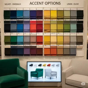 A display of available color options for the set of two accent chairs, featuring velvet and linen fabric swatches.