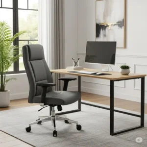 A stylish extra wide office chair integrated into a contemporary home office setting, blending with the decor.