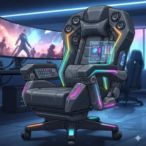This illustration shows the integrated surround sound speakers and customizable RGB lighting on the massive gaming chair with a mounted TV.