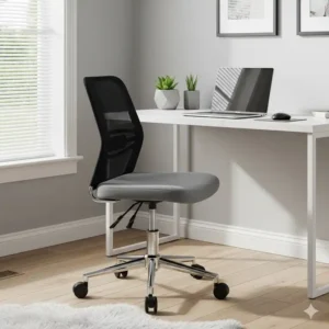 A stylish, modern compact office chair in a minimalist home office setting.