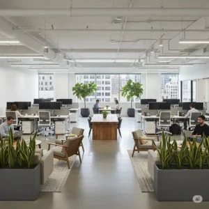 A contemporary open-plan office with large windows and strategically placed plants inside office to break up the space.