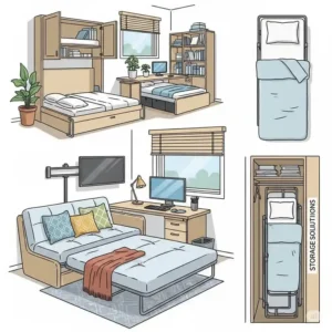 Illustration showcasing various space-saving solutions for a small office bed.