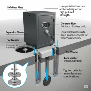A diagram showing the proper installation and bolting of an office safe to the floor, ensuring maximum security against theft.


