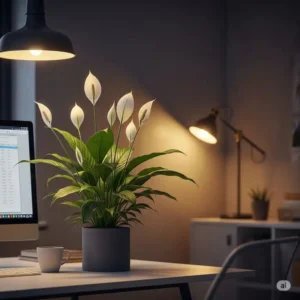 A flowering peace lily, one of the most elegant plants for office with no windows.