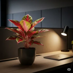 A vibrant Aglaonema plant, a great choice among plants for office with no windows.