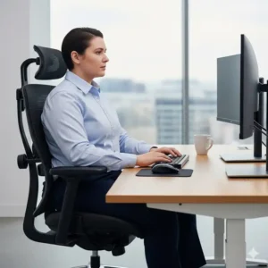 A person with good posture sitting comfortably in a big and tall ergonomic office chair at a desk.