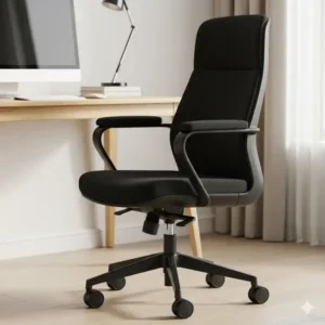 A sleek, black compact desk chair with wheels and padded armrests.