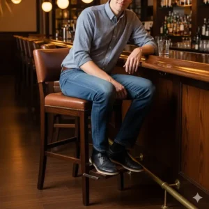 A tall person sitting on a bar stool with a footrest at the correct height, demonstrating a comfortable seating solution for a bar or kitchen counter for chairs tall people.