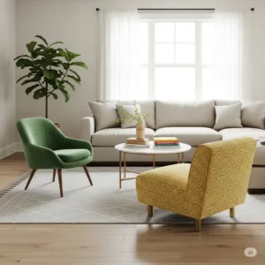 A vibrant set of 2 living room accent chairs with mismatched but complementary colors, adding a pop of color and personality to a neutral living room.