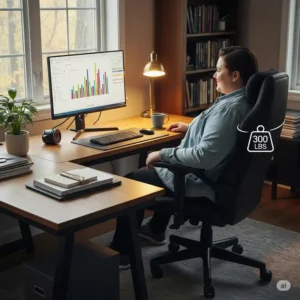A person of a larger build comfortably seated in a sturdy, 300 lbs rated desk chair at a home office setup.