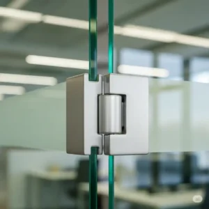 A detailed view of a sturdy, minimalist hinge on a frameless office glass door.
