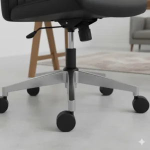A close-up of the durable, multi-directional casters and 360-degree swivel base of a heavy-duty office chairs for heavy people.