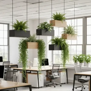  Decorative hanging plants inside office suspended from the ceiling, adding a vertical garden element.
