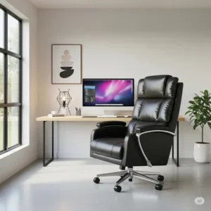 A huge office chair positioned in a minimalist home office, providing a striking focal point and a comfortable workspace.