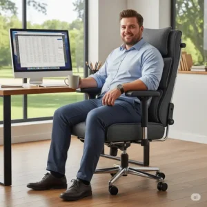 A large man sitting comfortably in a durable desk chair for a large person, highlighting the chair's spacious design and robust build for all-day use.