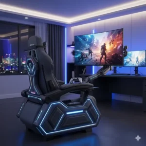 A lifestyle shot of the massive gaming chair with a mounted TV in a modern gaming room setup.