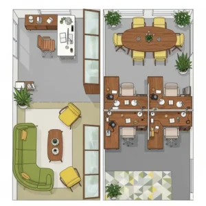 An overhead illustration of a complete mid-century modern office layout, showcasing the arrangement of furniture and an efficient workflow.
