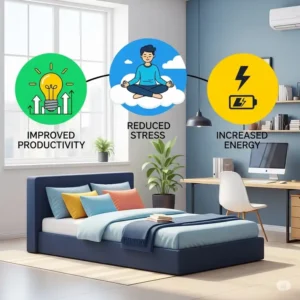 Illustration with icons representing the key benefits of having an office bed.