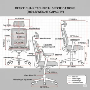 Technical diagram showing the specific dimensions and measurements of the office chair with 300 lb capacity.