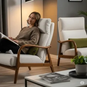  A person comfortably sitting in one of the accent chairs from the set of two, illustrating the chair’s plush seating and ergonomic design.
