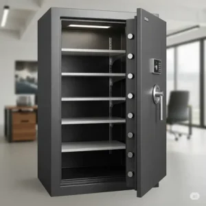 A heavy-duty steel office safe opened to reveal adjustable shelves, perfect for organizing and storing various important items.