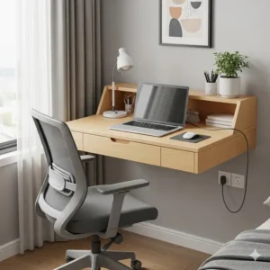 A small desk chairs neatly tucked under a space-saving desk, showcasing a complete setup for a small apartment or bedroom.