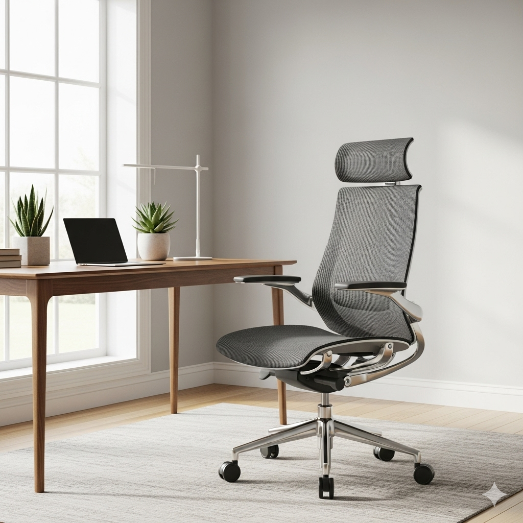 A modern, minimalist aesthetic office chair with a sleek design and ergonomic features, placed in a bright, stylish home office. aesthetic office chairs