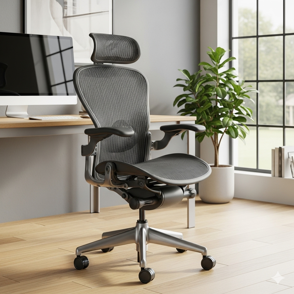 A high-end ergonomic best Amazon office chair, is shown in a modern home office. The chair's adjustable features, including lumbar support and armrests, are visible.