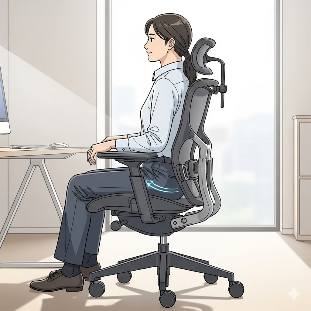 A professional showing off the best chair for sitting all day in an office.