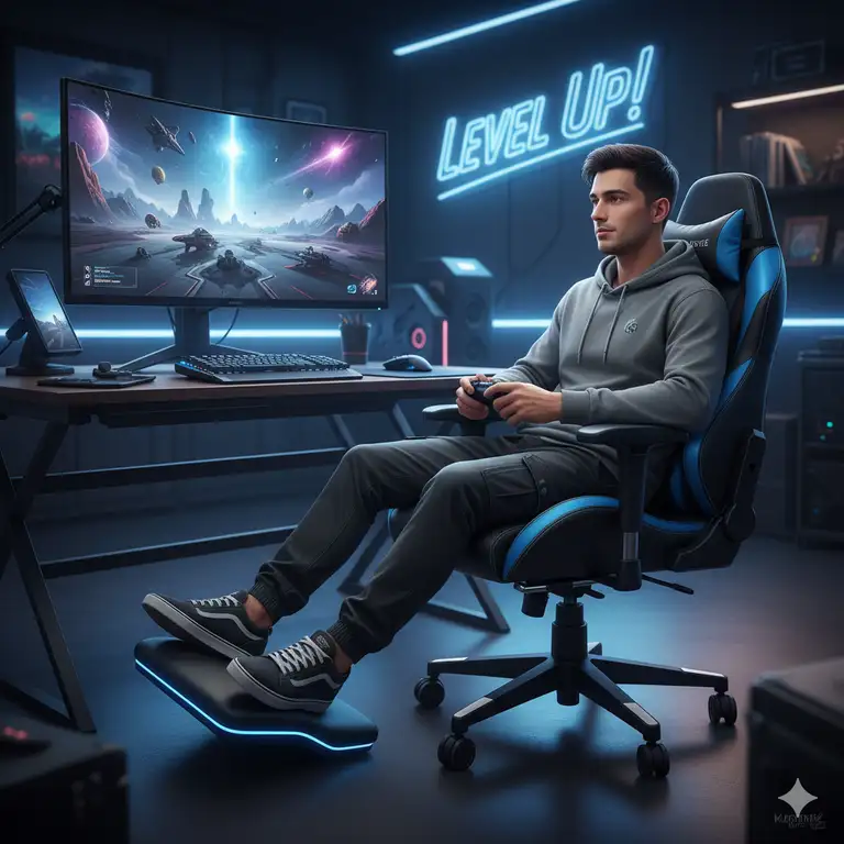 A person sitting comfortably in an ergonomic gaming chair, designed to provide excellent lumbar support and alleviate back pain during long gaming sessions.best gaming chair for back pain