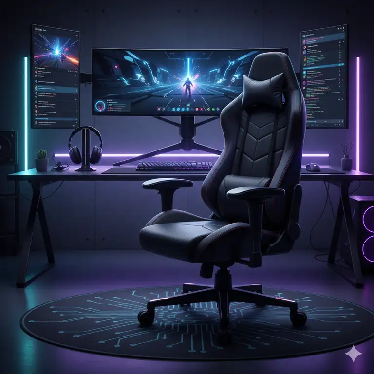 A sleek black gaming chair with ergonomic design, positioned in front of a multi-monitor gaming setup with RGB lighting, highlighting comfort and style for serious gamers.