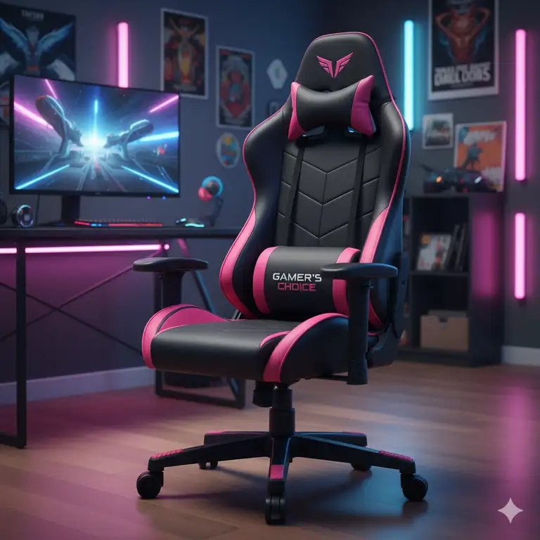 Black and pink gaming chair with ergonomic design, comfortable for long gaming sessions, a perfect addition to any gaming setup.