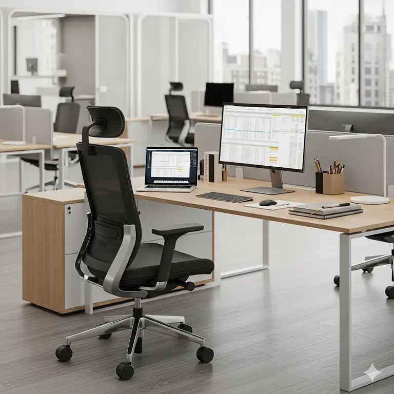 A modern, ergonomic commercial office chairs in a professional office setting, designed for comfort and productivity.
