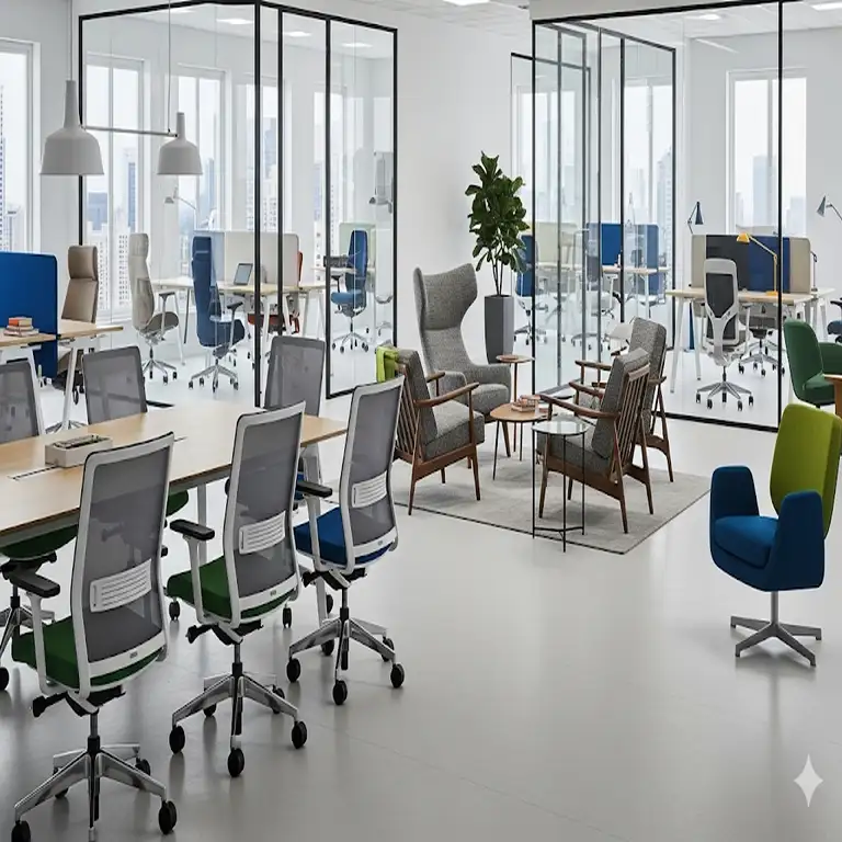 A bright, modern office space showcasing various types of office chairs, including task chairs and executive chairs, to improve comfort and productivity.