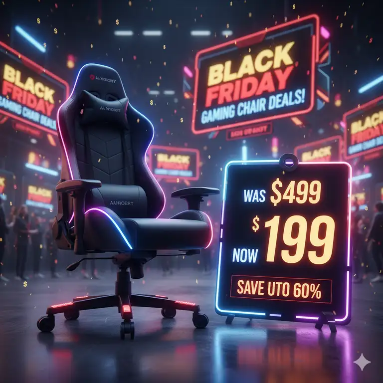 A sleek black gaming chair with RGB lighting, prominently displayed against a backdrop of gaming chair black friday sale banners and price tags, highlighting significant discounts.