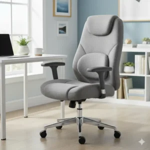 An ergonomic office chair from a home goods store, designed with contoured back support for long hours of comfortable work.