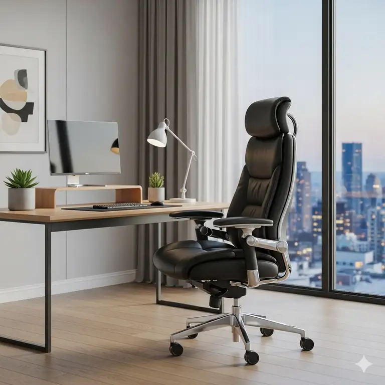 A sophisticated black leather luxury executive office chair with ergonomic features, set in a modern home office with a minimalist desk and a large window.