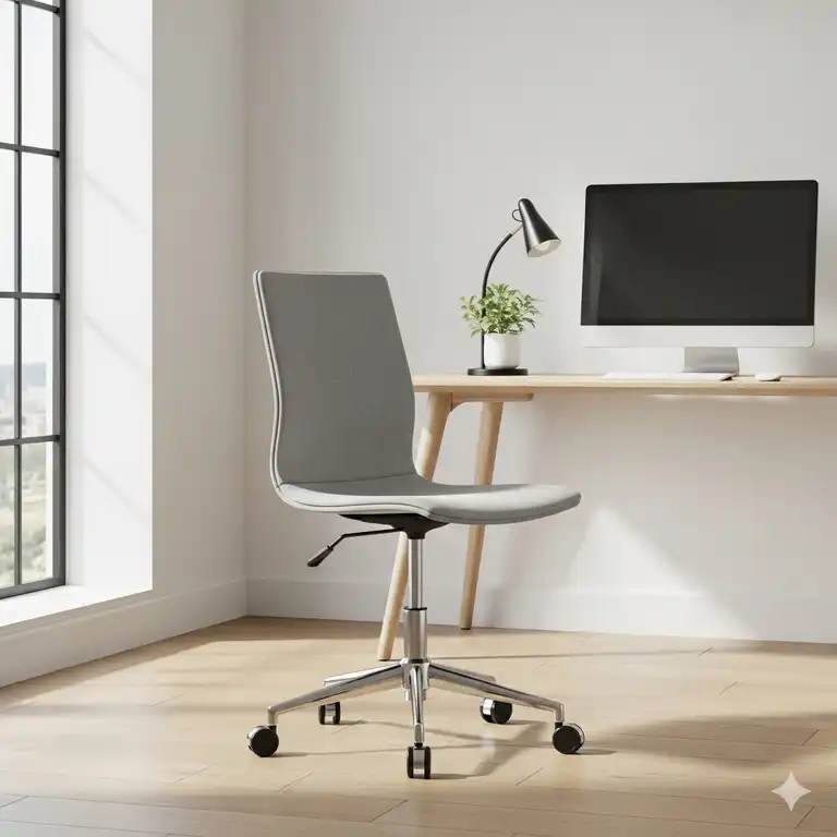 A modern, sleek skinny desk chair with a chrome base, upholstered in gray fabric, positioned in a minimalist home office. The chair's slim profile makes it ideal for small spaces.
