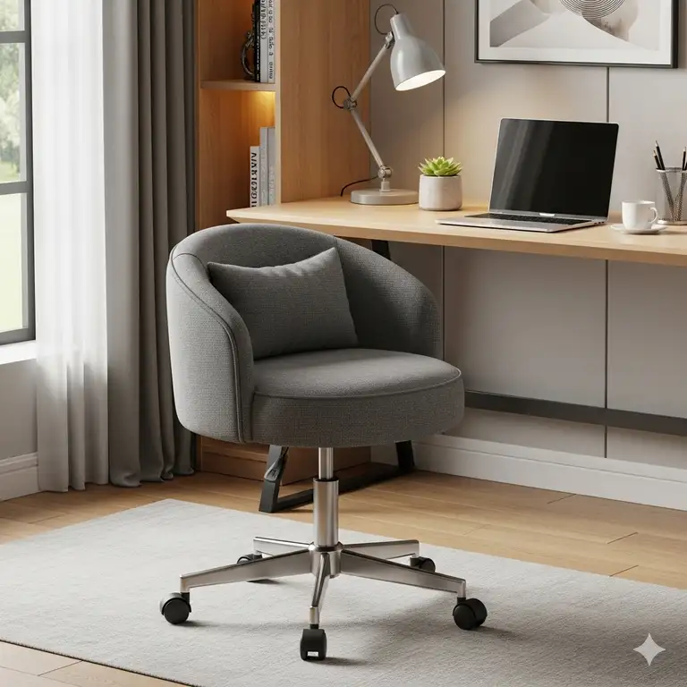 A cozy living room featuring a small velvet barrel chair in a neutral tone, complementing the modern decor. small barrel chairs