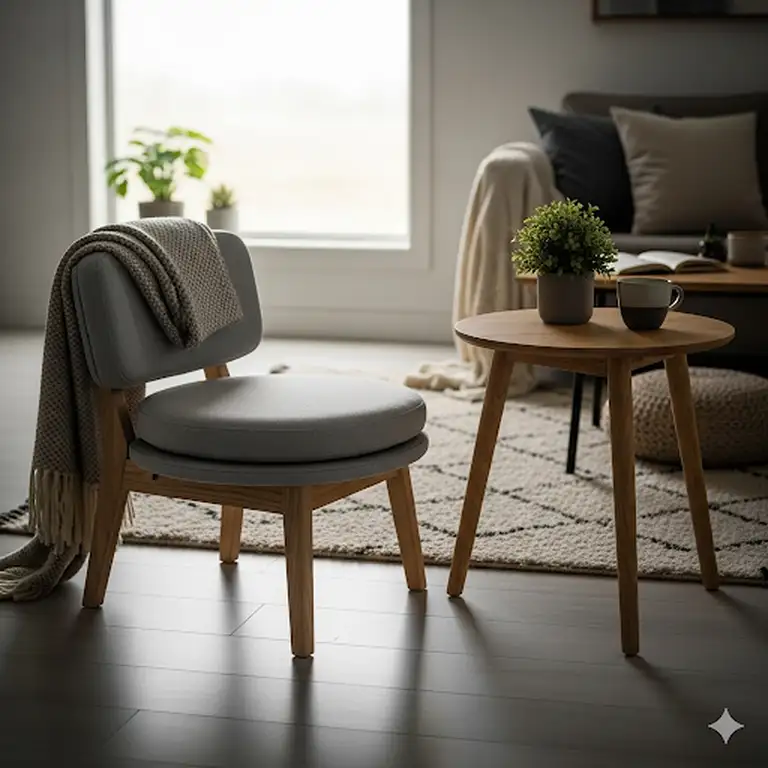 A small round chair with a minimalist design, upholstered in light gray fabric, positioned next to a small wooden side table in a cozy living room.