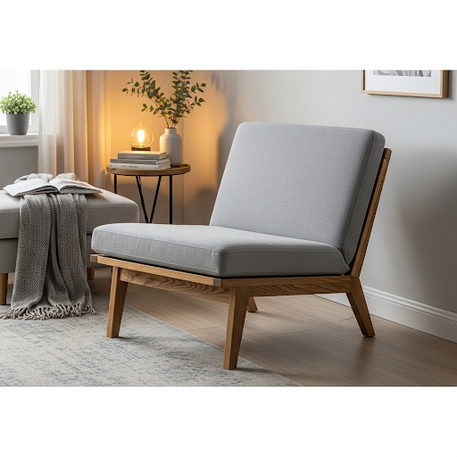 A stylish, modern small upholstered chair with a wooden frame and gray fabric, perfect for a cozy living room nook.