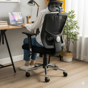 A comfortable, affordable best Amazon office chair from Amazon. The chair features a padded seat, a mesh back for breathability, and is placed in a small workspace.