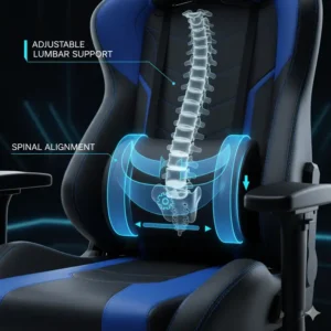 Close-up illustration of the adjustable lumbar support system in a premium gaming chair, highlighting its benefits for posture and back pain relief. 